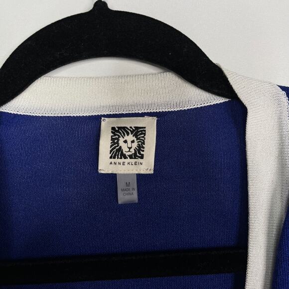 Anne Klein Medium M Blue White Colorblock Trim Open Front Cardigan Sweater Drape - Picture 3 of 7